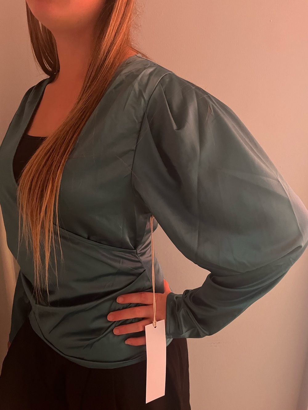 Nordstrom Teal Satin Silky Wrap Top